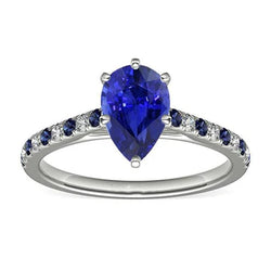Anello solitario 2,50 carati Zaffiro blu taglio pera e accenti di diamanti in oro bianco 14K