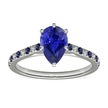 Anello solitario 2,50 carati Zaffiro blu taglio pera e accenti di diamanti in oro bianco 14K