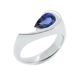 Anello solitario a pera con zaffiro blu, mezza lunetta da 1 carato con oro bianco 14K