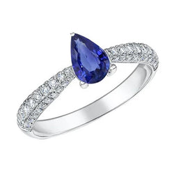 Anello solitario con diamante 2,50 carati accenti di zaffiro pera di Ceylon con oro bianco 14K