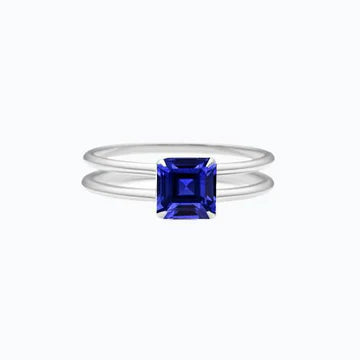 Anello solitario con doppio stelo in zaffiro blu con taglio Asscher da 1,50 carati in oro bianco 14K