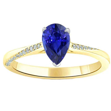 Anello solitario con zaffiro Srilanka da 2,50 carati con accenti di diamanti a pera in oro bianco 14K