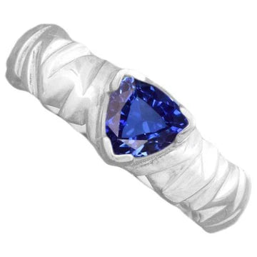 Anello solitario con zaffiro blu trilioni V, stile vintage, 1 carato con oro bianco 14K