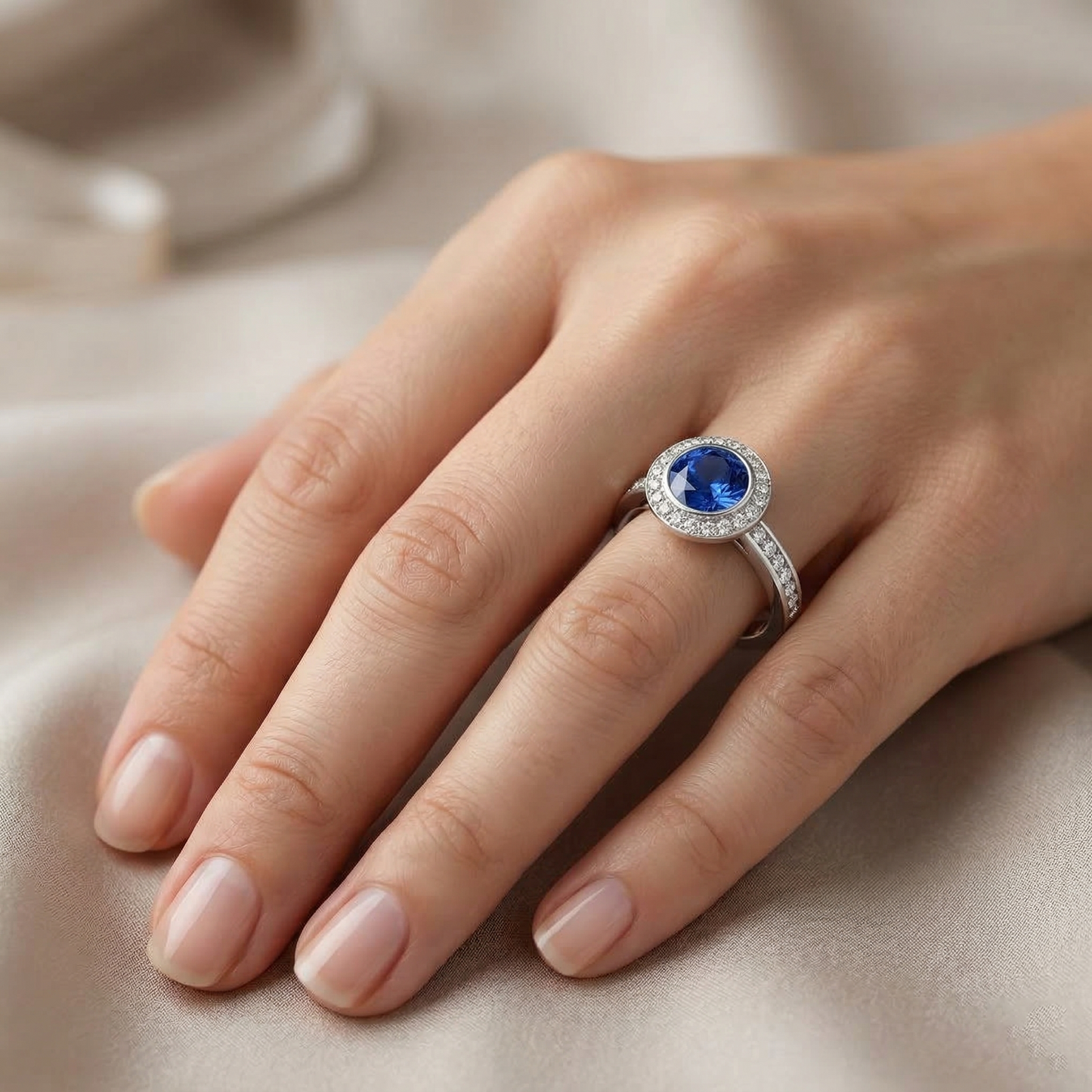 Anello solitario con zaffiro di Ceylon da 2,40 ct e dettagli a taglio rotondo in oro bianco 14K