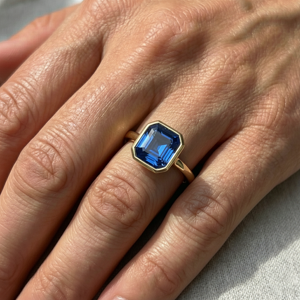 Anello solitario in oro giallo con castone con zaffiro di Ceylon 5 carati
