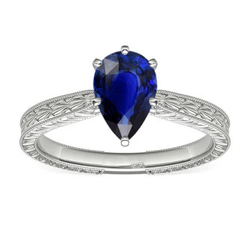 Anello solitario in stile antico con zaffiro pera blu 1,50 carati in oro bianco 14K