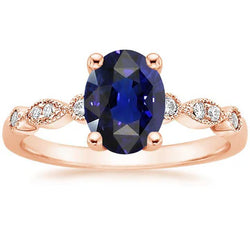 Anello solitario in stile vintage con accenti blu zaffiro 4 carati e diamanti in oro rosa 14K