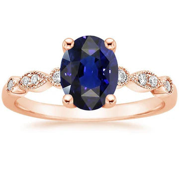 Anello solitario in stile vintage con accenti blu zaffiro 4 carati e diamanti in oro rosa 14K