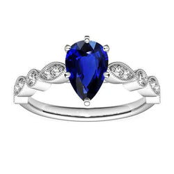Anello vecchio stile con diamanti a pera zaffiro dello Srilankan da 2,50 carati in oro bianco 14K