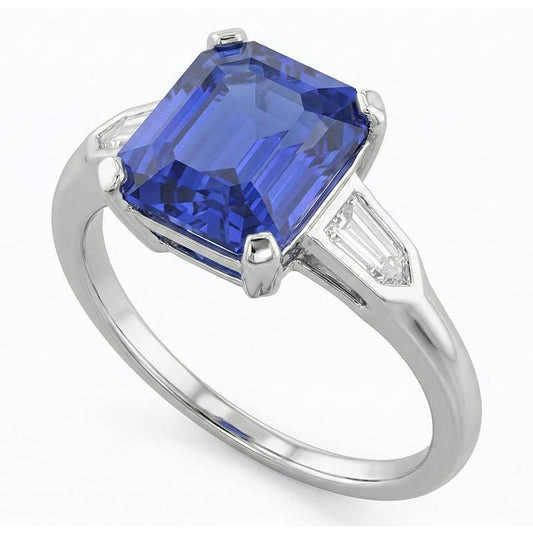 Anello zaffiro taglio smeraldo 3 carati con 3 diamanti baguette pietra