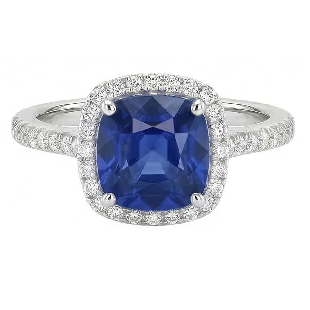 Anniversario Anello Halo Cuscino Blu Zaffiro Accento Diamanti Naturali Autentici ( non creati in laboratorio ) 4 Carati
