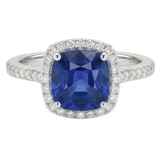 Anniversario Anello Halo Cuscino Blu Zaffiro Accento Diamanti Naturali Autentici ( non creati in laboratorio ) 4 Carati