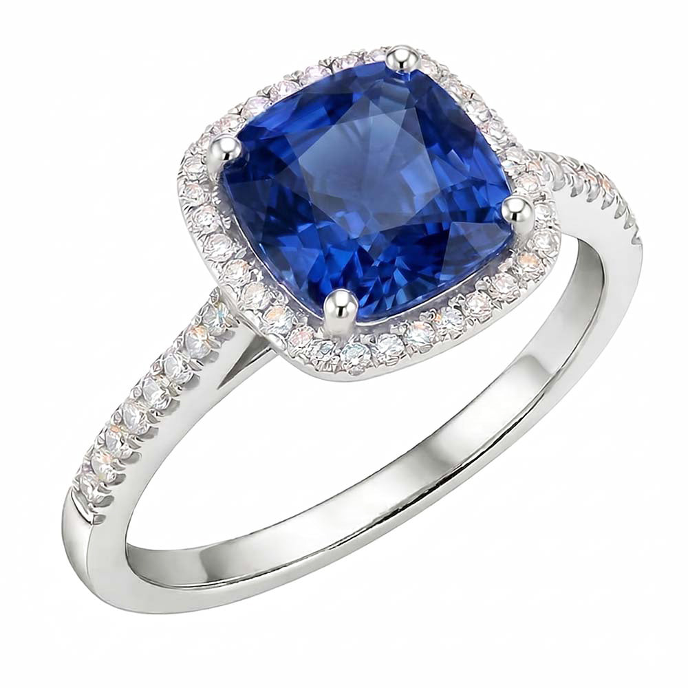 Anniversario Anello Halo Cuscino Blu Zaffiro Accento Diamanti Naturali Autentici ( non creati in laboratorio ) 4 Carati