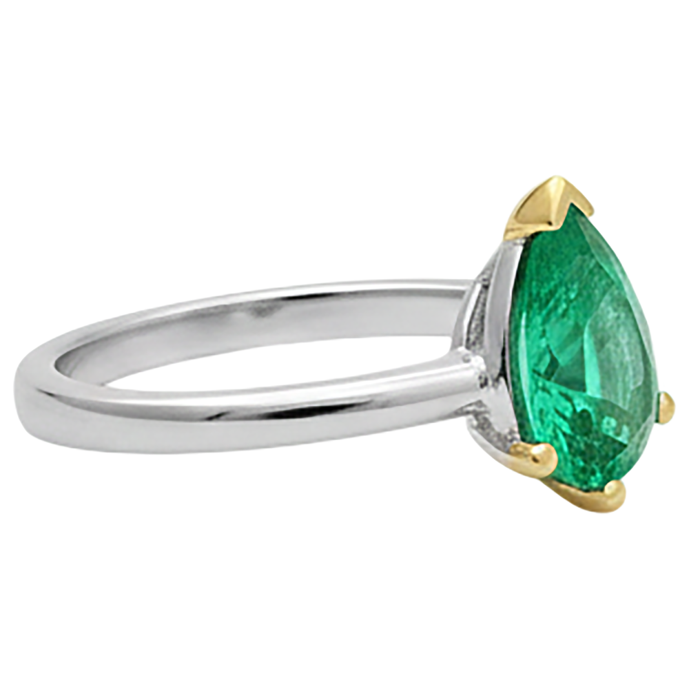 Smeraldo Fine Taglio a Pera Anello Pietra Colorata in Oro Due Toni 14K – vista profilo