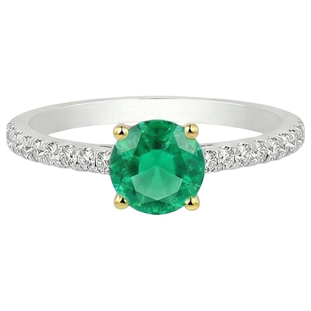 Smeraldo Fine Taglio Rotondo Anello con Pietra Preziosa in Oro Due Toni 14K – vista frontale
