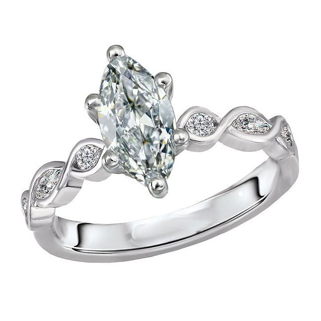 Diamante Fine Taglio Marquise Anello Solitario con Accenti in Oro Bianco 14K – vista principale