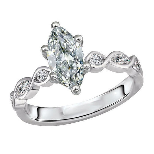 Diamante Fine Taglio Marquise Anello Solitario con Accenti in Oro Bianco 14K – vista principale