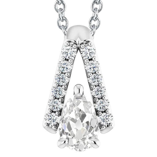 Antica Collana Con Ciondolo A Forma Di V Con Pera Da 4 Carati E Vero Diamante A Taglio Rotondo In Oro Bianco 14K