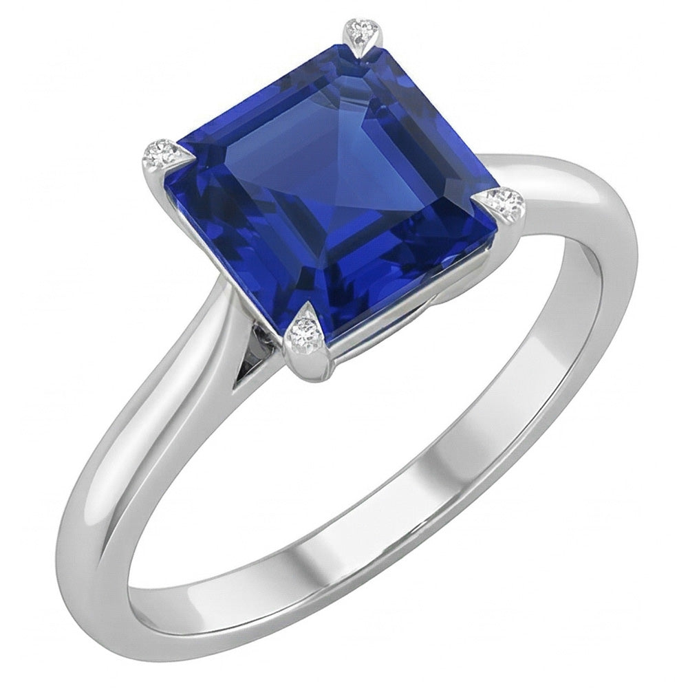 Asscher Anello Solitario Zaffiro Aquila Artiglio Rebbi Taglio Blu1.50 Ct Oro Bianco 14K