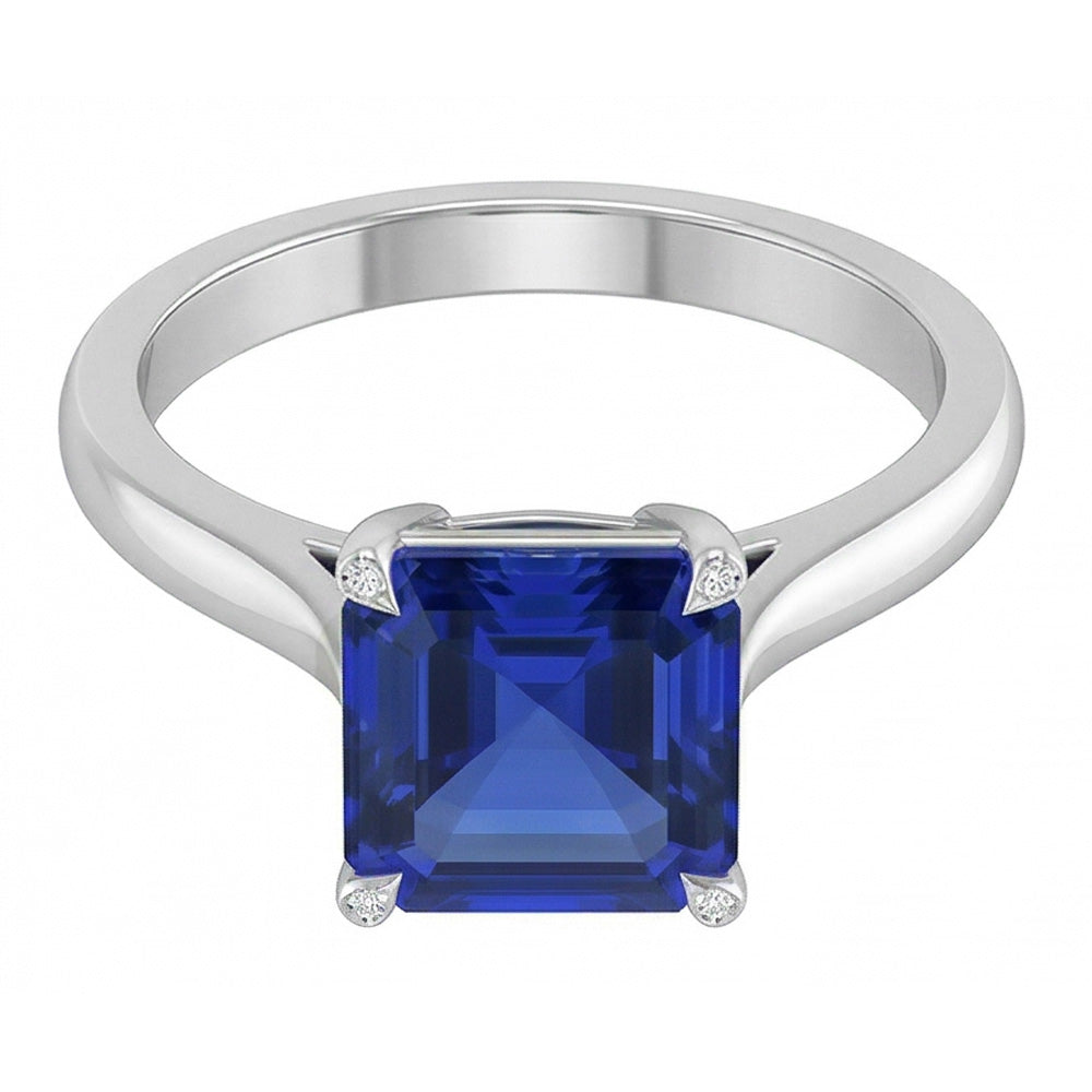 Asscher Anello Solitario Zaffiro Aquila Artiglio Rebbi Taglio Blu1.50 Ct Oro Bianco 14K