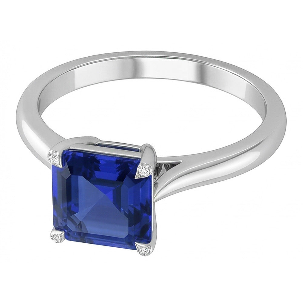 Asscher Anello Solitario Zaffiro Aquila Artiglio Rebbi Taglio Blu1.50 Ct Oro Bianco 14K