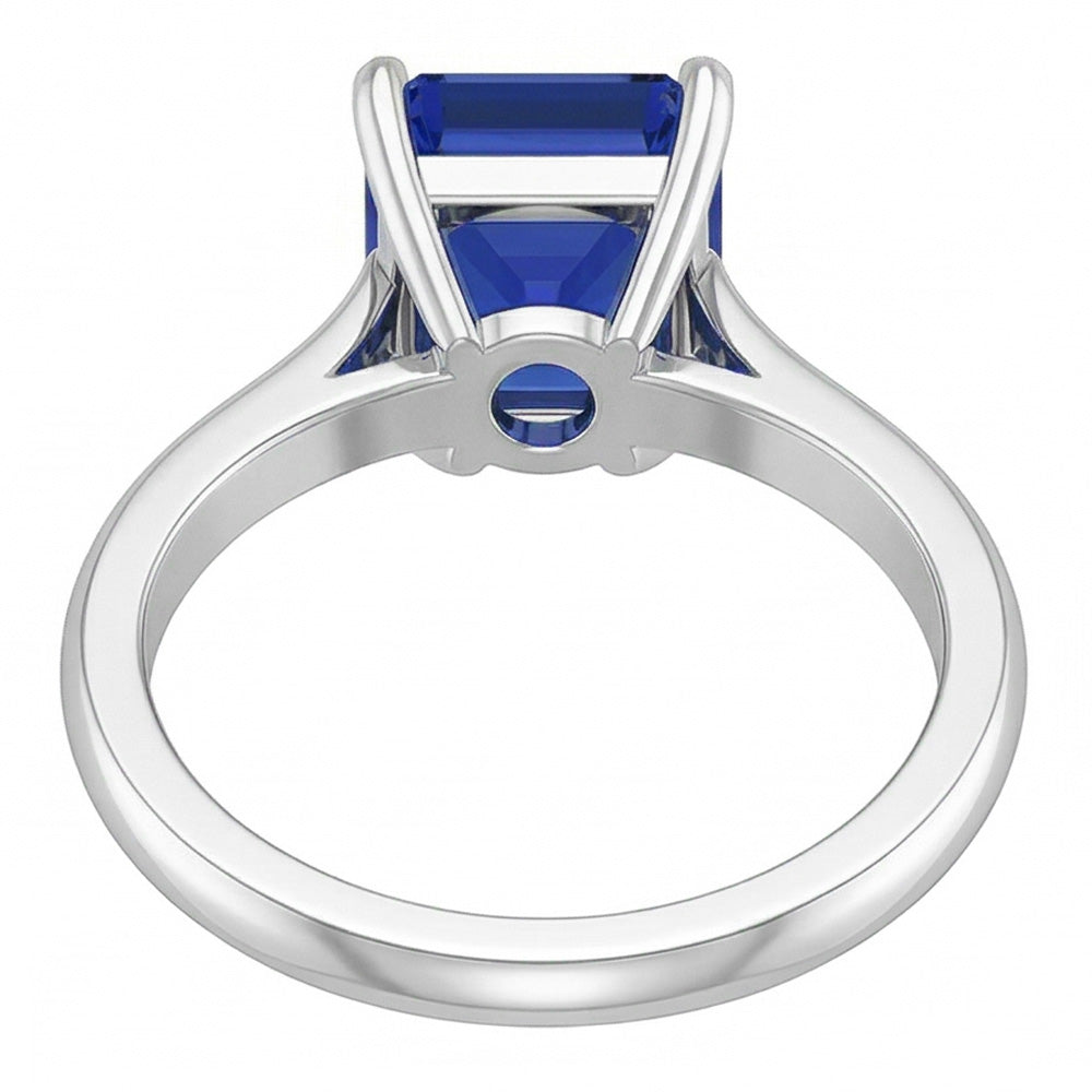 Asscher Anello Solitario Zaffiro Aquila Artiglio Rebbi Taglio Blu1.50 Ct Oro Bianco 14K