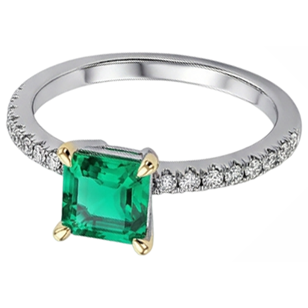 Smeraldo Fine Taglio Asscher Anello Pietra Colorata in Oro 14 Carati Bicolore – vista angolare