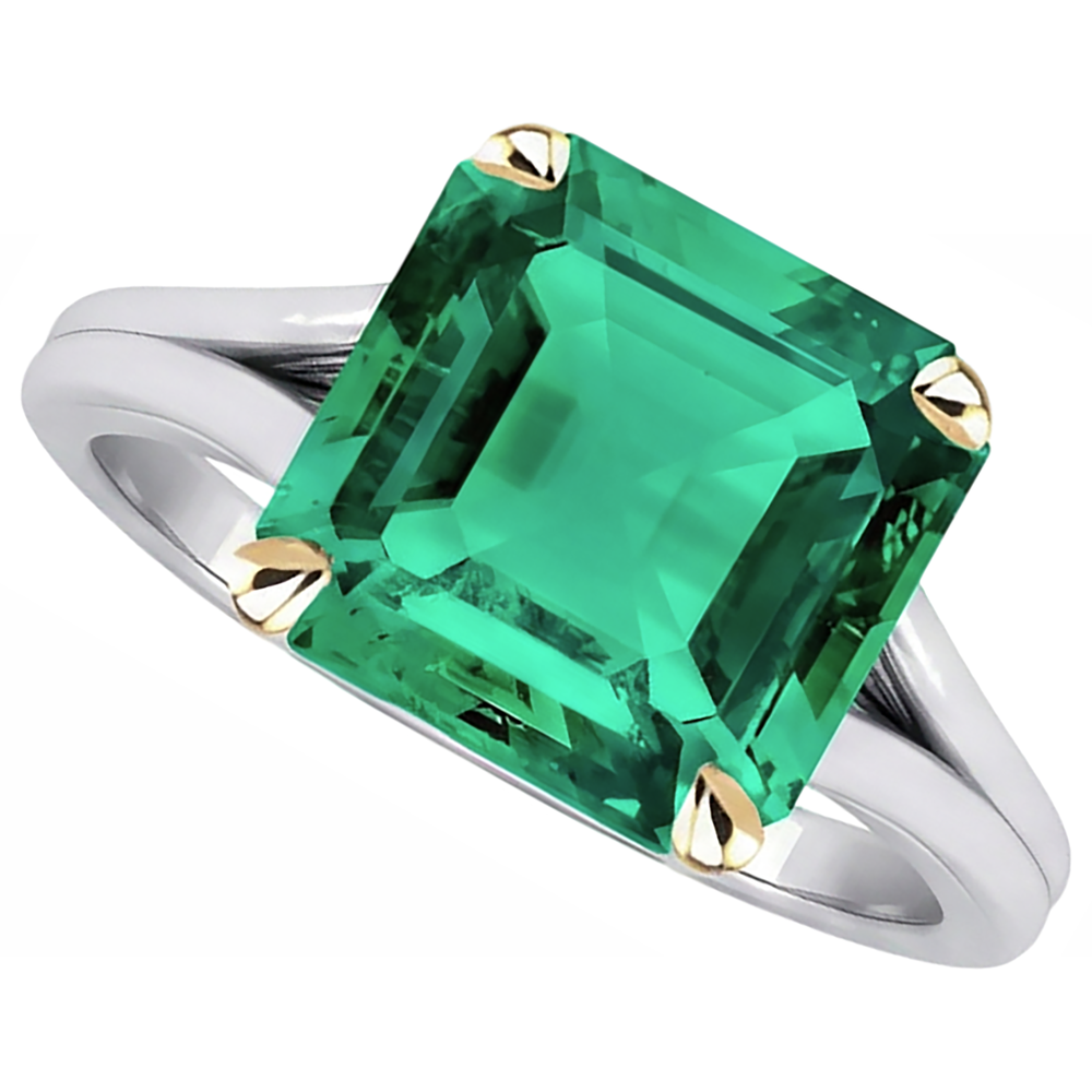 Smeraldo Fine Asscher Anello con Pietra Preziosa in Oro Due Toni 14K – vista laterale