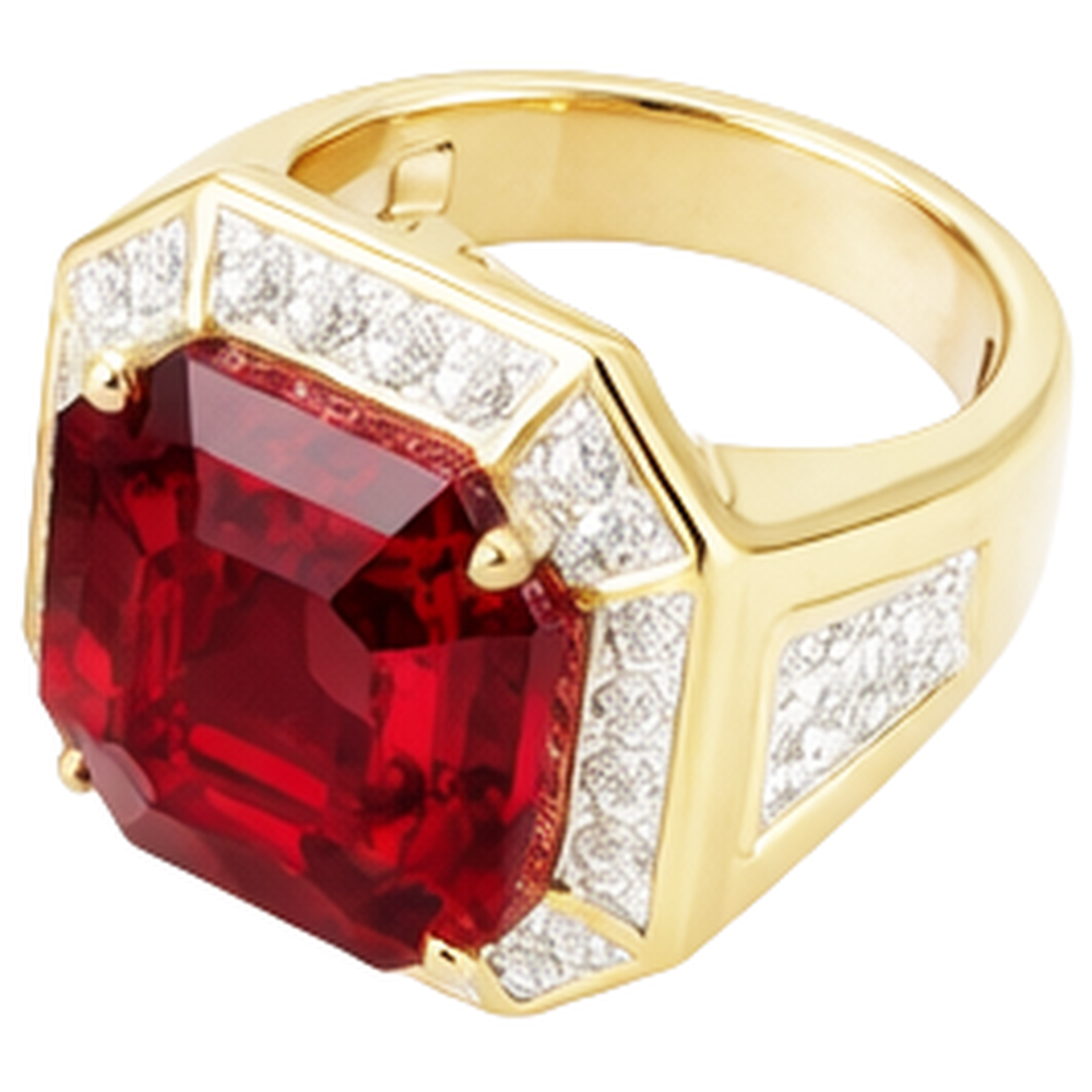 Asscher Rosso Anello Rubino da Uomo Con Diamanti 11 Carati Oro Giallo 14K