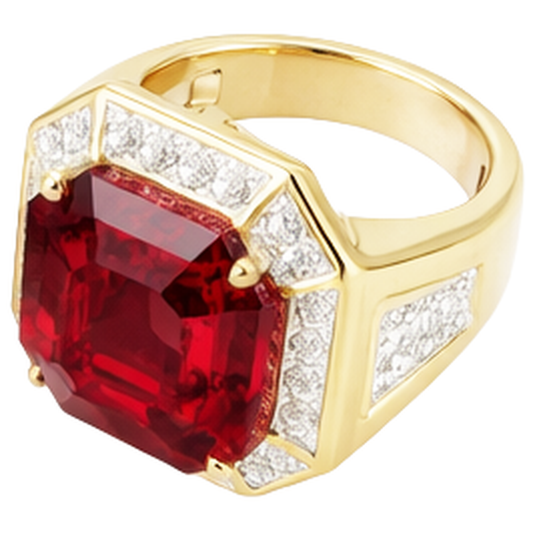 Asscher Rosso Anello Rubino da Uomo Con Diamanti 11 Carati Oro Giallo 14K