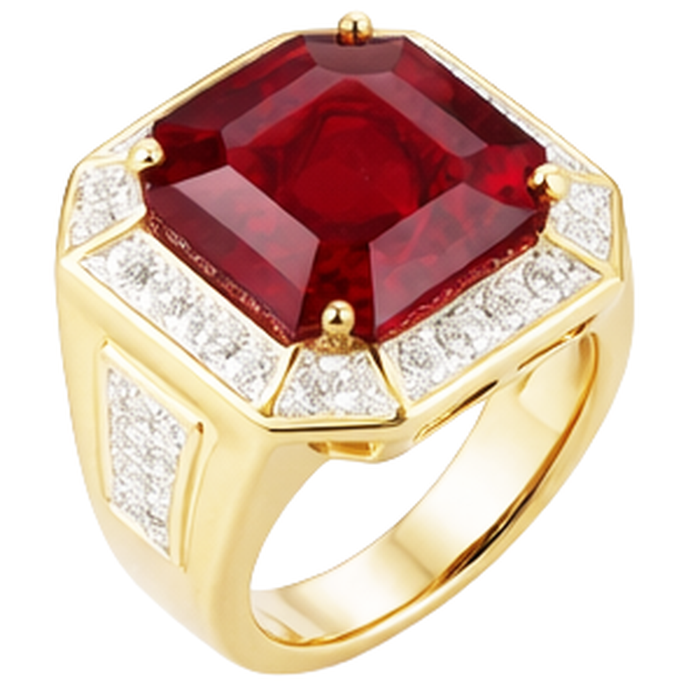 Asscher Rosso Anello Rubino da Uomo Con Diamanti 11 Carati Oro Giallo 14K