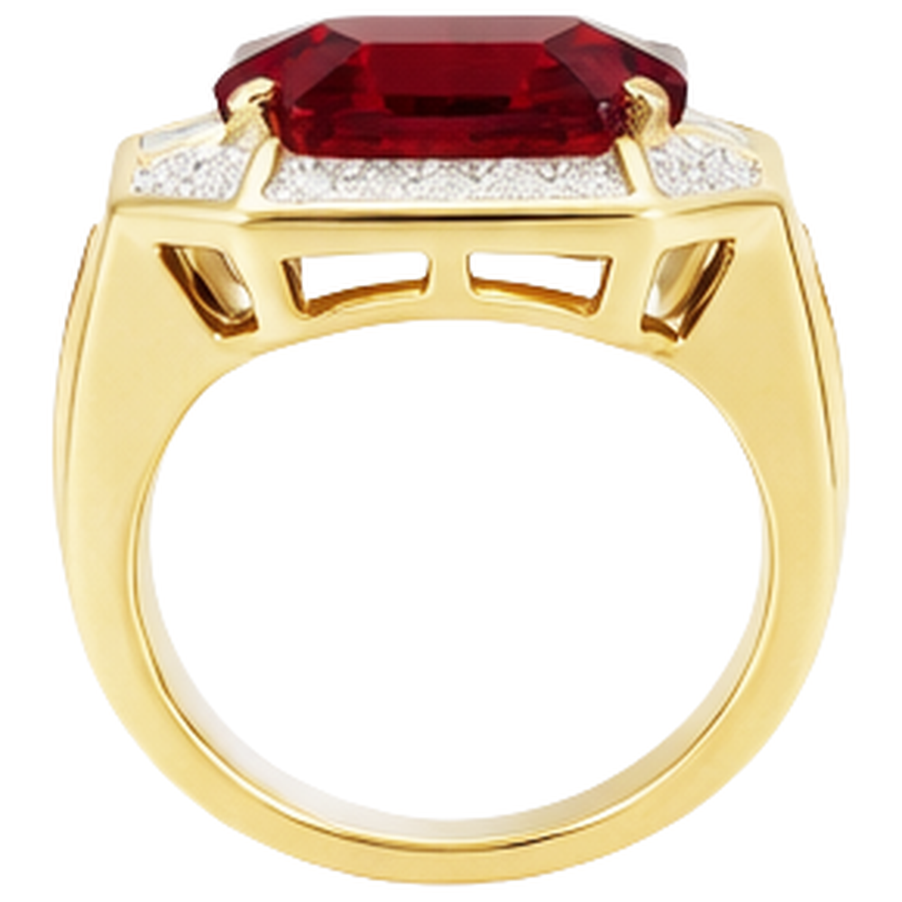 Asscher Rosso Anello Rubino da Uomo Con Diamanti 11 Carati Oro Giallo 14K