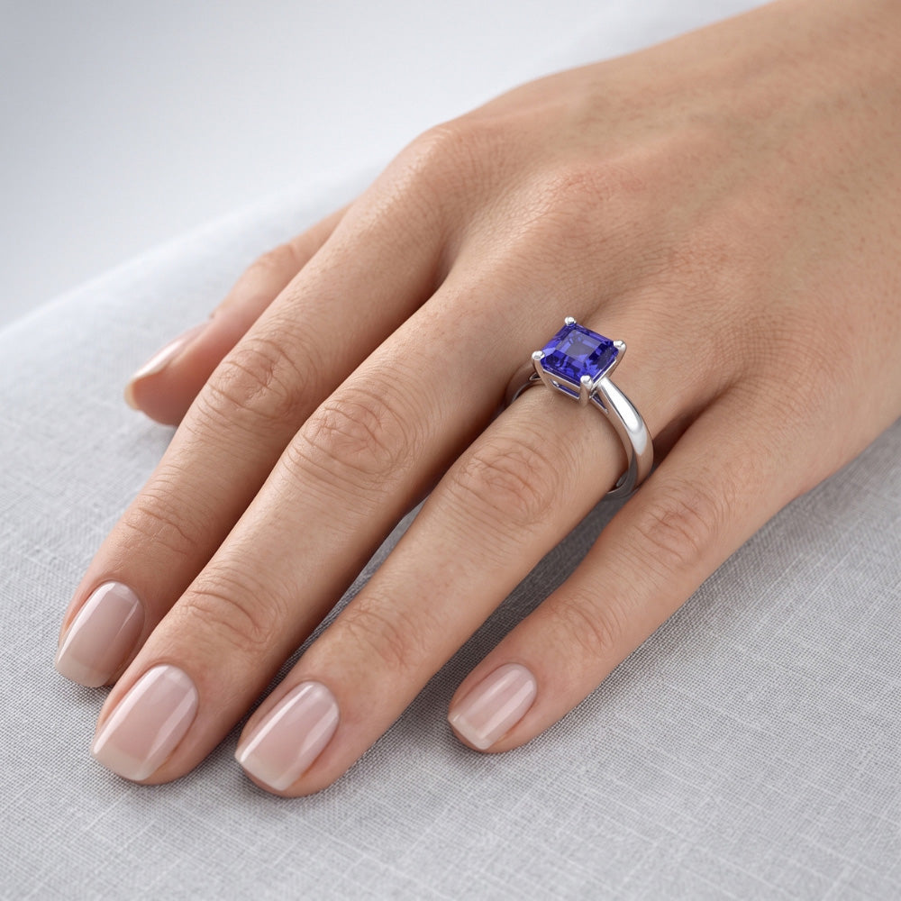 Asscher Solitaire Sapphire Anello Di Fidanzamento Con Gambo Conico 1.50 Carati