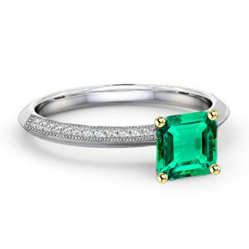 Asscher Verde Smeraldo Anello Con Diamante Milgrain Design