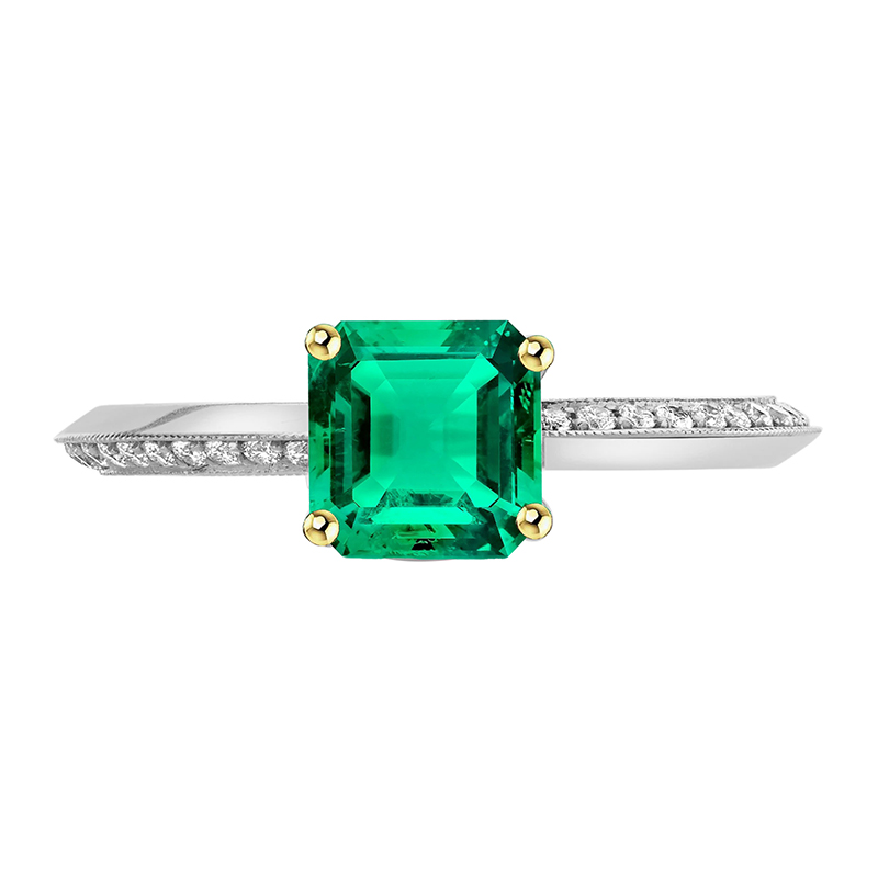 Asscher Verde Smeraldo Anello Con Diamante Milgrain Design