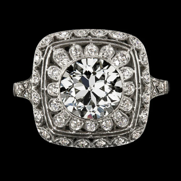 Bague Halo Ronde Vieux Mineur Genuino Diamant Style Fleur Bijoux Femme 5 Carats