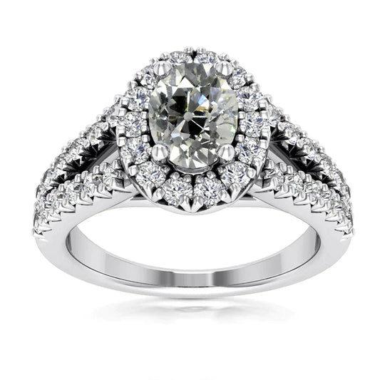 Bague Halo Vero Diamant Ovale & Rond Taille Ancienne Bague Fendue Or Blanc 5 Carats