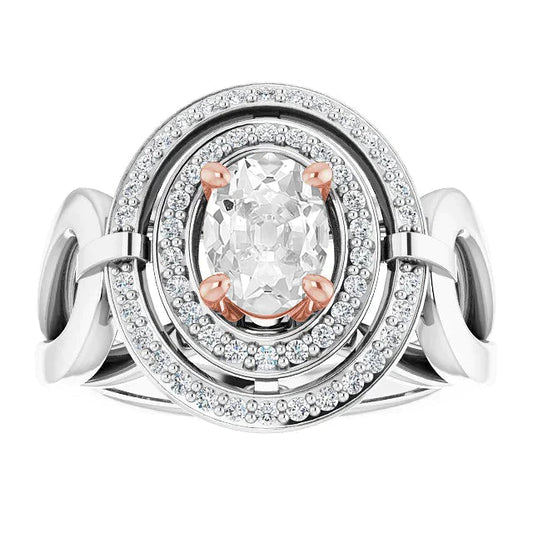 Bague Ovale Ancienne Taille Genuino Diamant Double Halo Sertie Griffes 4.50 Carats Deux Tons