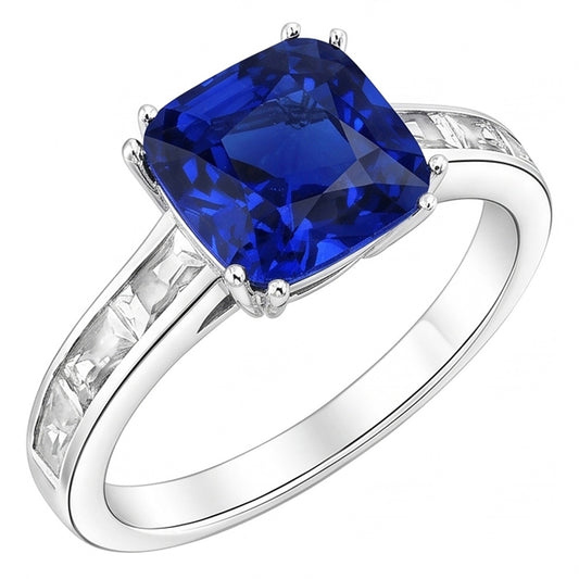 Baguette Diamond Cushion Blue Sapphire Ring 4 carati oro 14k gioielli