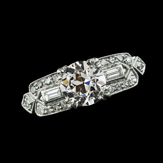 Baguette & Round Old Miner Vero Diamond Ring 3.25 Carati Gioielli Da Donna