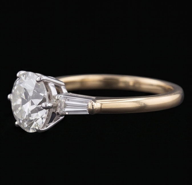 Baguette e anello rotondo con diamanti a taglio antico, 3 pietre, 6 griffe, 2,50 carati