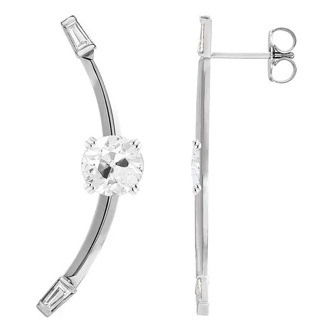 Orecchini Pendenti in Oro Bianco con Diamanti Naturali Baguette e Cuscino Vecchio Minatore, 5 Carati