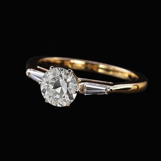 Baguette e anello rotondo con diamanti a taglio antico, 3 pietre, 6 griffe, 2,50 carati