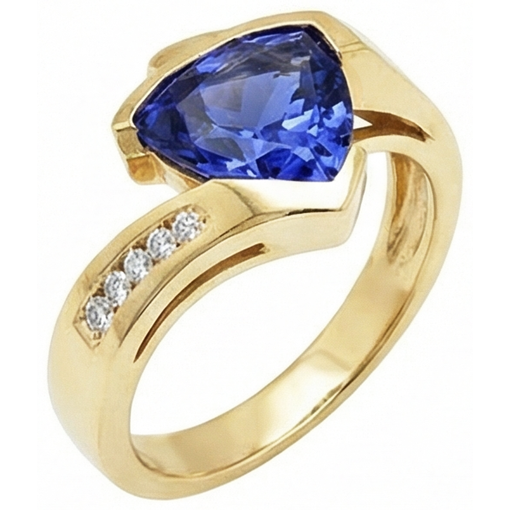 Bellissimo anello in oro giallo con diamanti trilioni di tanzanite 1.95 carati