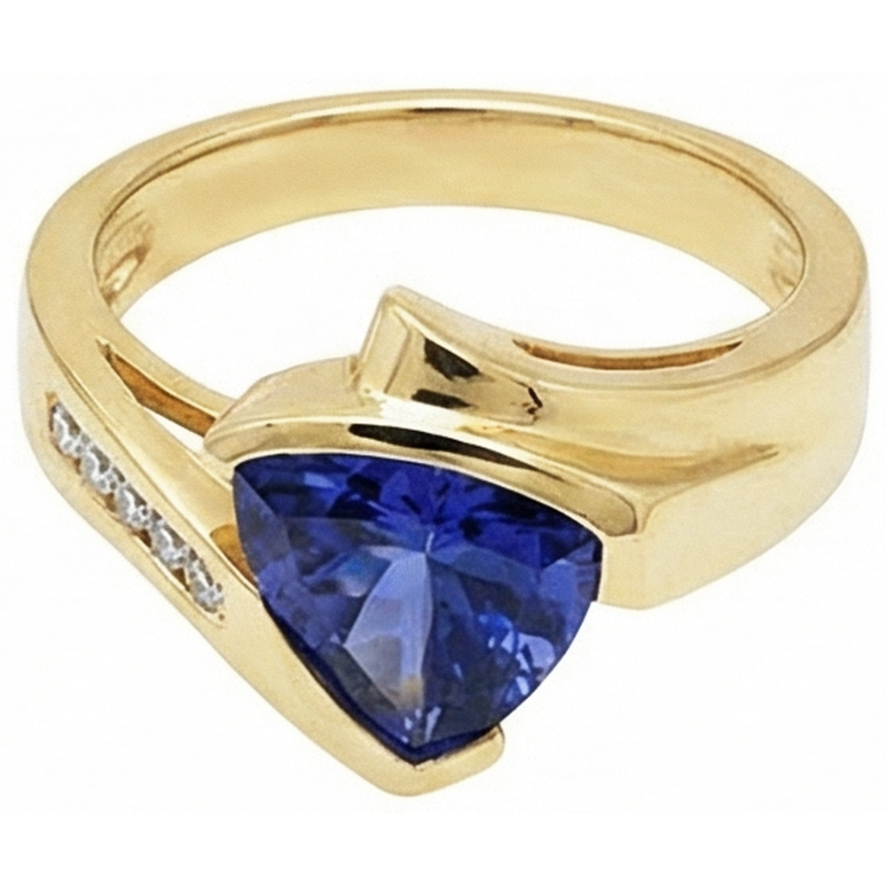 Bellissimo anello in oro giallo con diamanti trilioni di tanzanite 1.95 carati