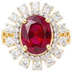 Bellissimo rubino rosso di forma ovale con anello di diamanti 7 carati in oro giallo