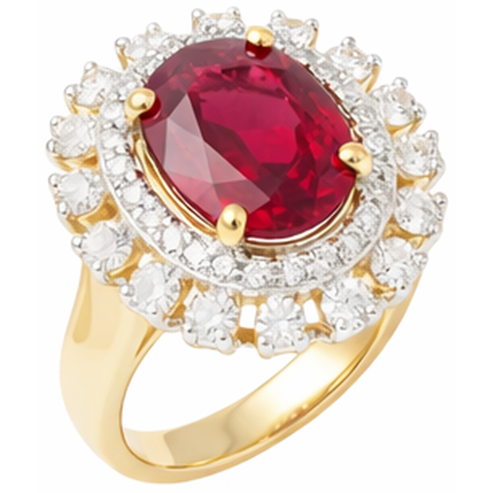 Bellissimo rubino rosso di forma ovale con anello di diamanti 7 carati in oro giallo