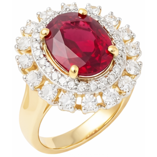 Bellissimo rubino rosso di forma ovale con anello di diamanti 7 carati in oro giallo