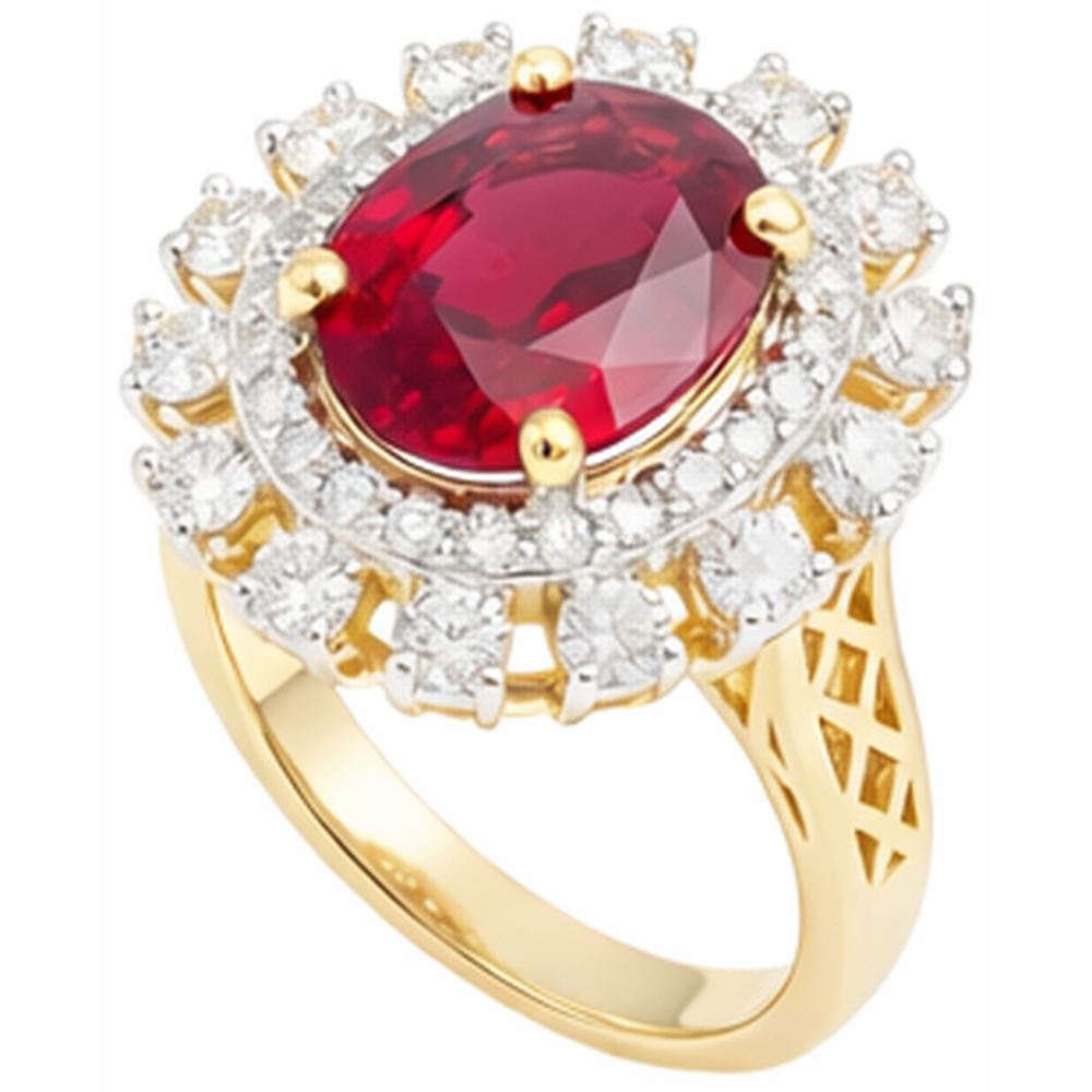 Bellissimo rubino rosso di forma ovale con anello di diamanti 7 carati in oro giallo