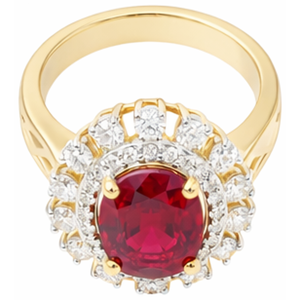 Bellissimo rubino rosso di forma ovale con anello di diamanti 7 carati in oro giallo